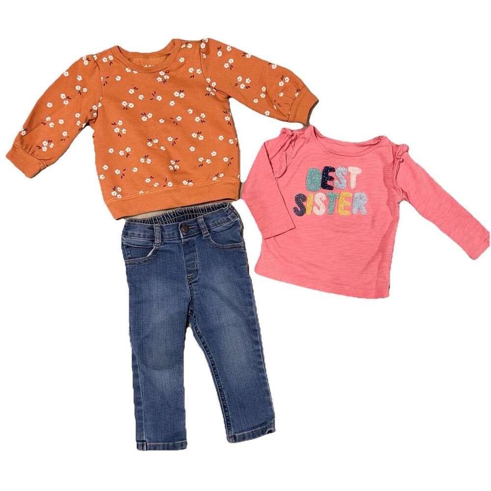 NWOT 3 Piece Outfit Carters Sweatshirt 18M Girls Set Garanimals Sister Jeans NEW
